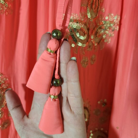 CALYPSO St. Barth Coral & Gold Maxi Dress Embroidered Sequin Sz XS DAMAGED - Picture 14 of 16